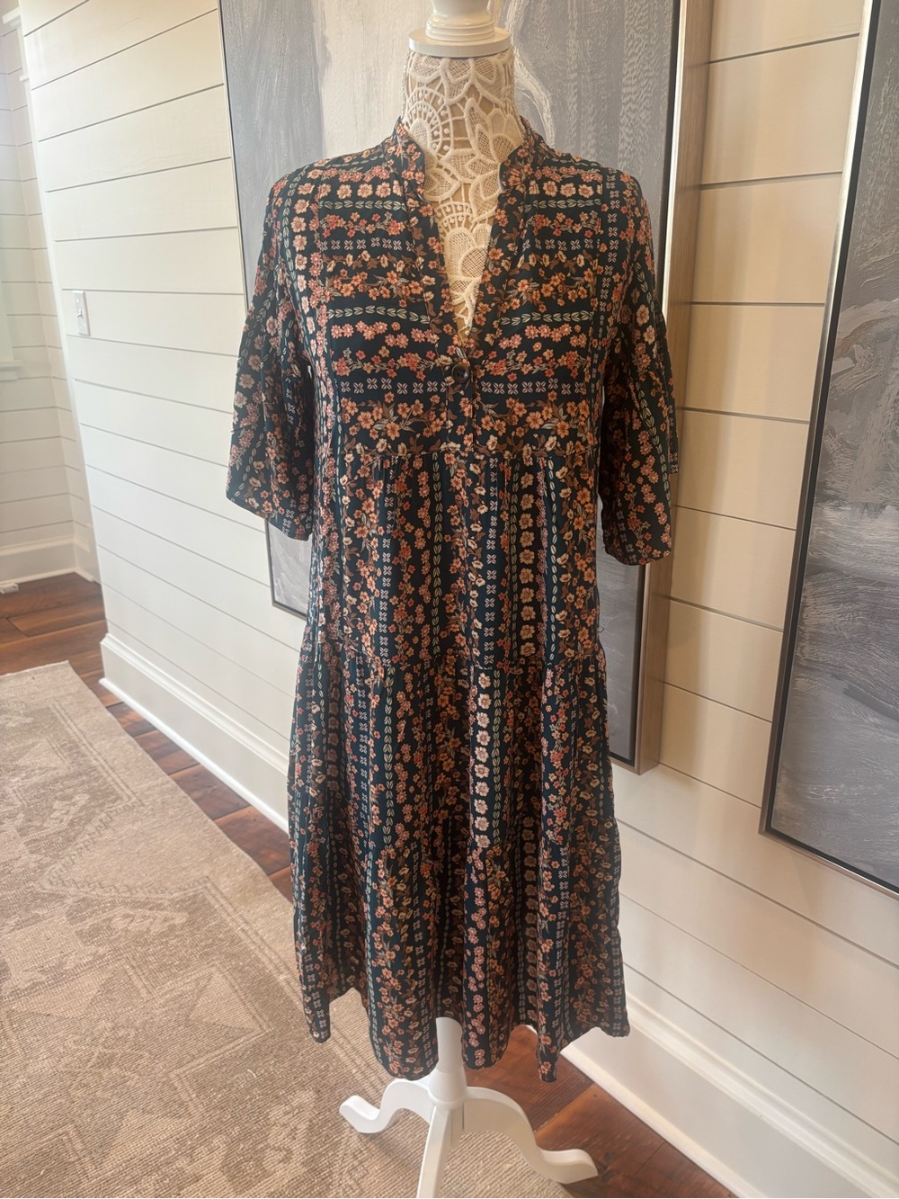 Uncle Frank Teal Floral Midi Dress with Rust and Cream Accents